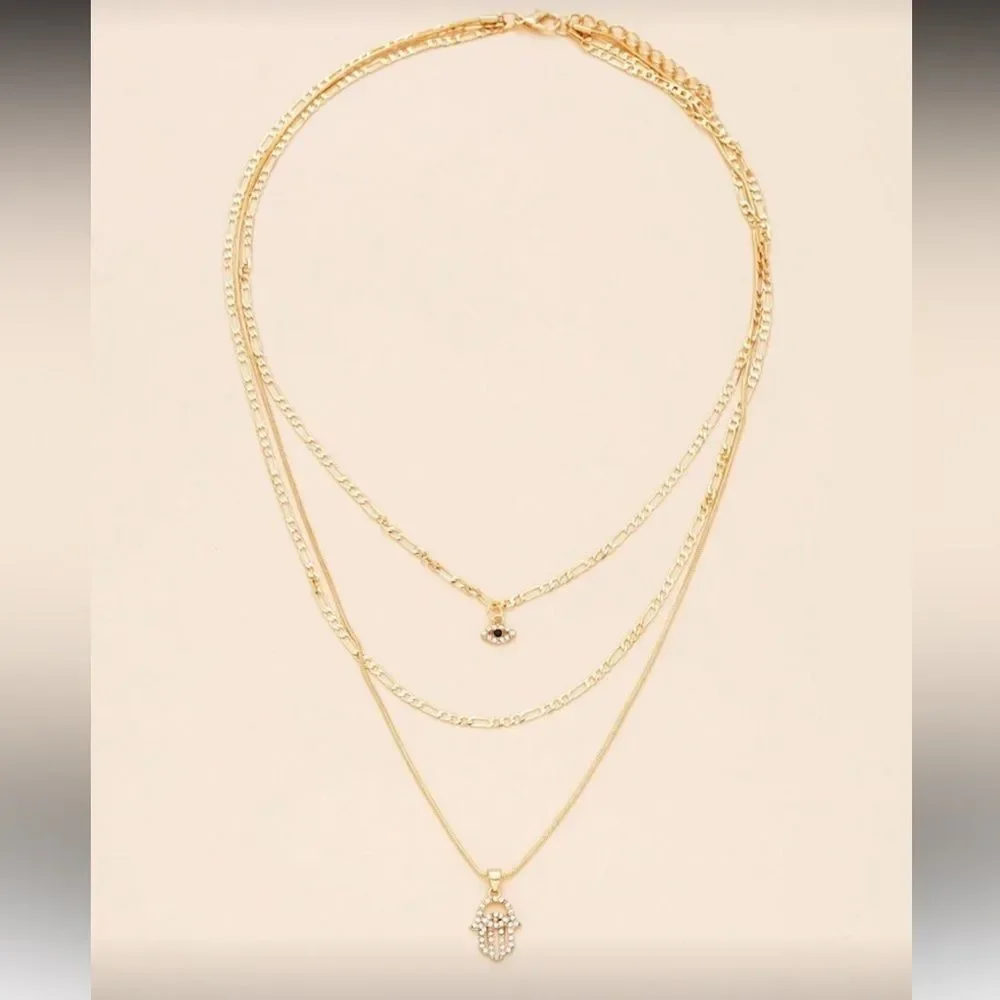 Gold Triple-Layer Hamsa Necklace N1333 - Picture 2 of 5